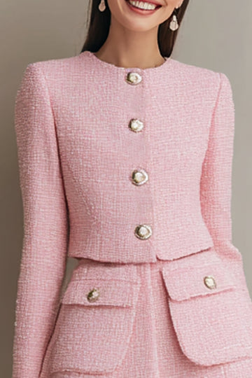 Pink 2-Piece Single Breasted Work Dress With Long Sleeves
